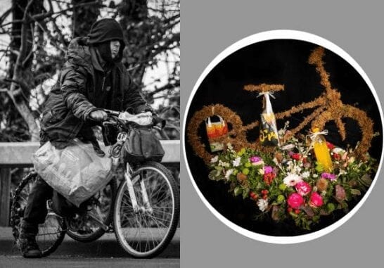 The Mini Man’s bike is crafted by florist Shelley for the funeral of Kilgetty open-air dweller Henry