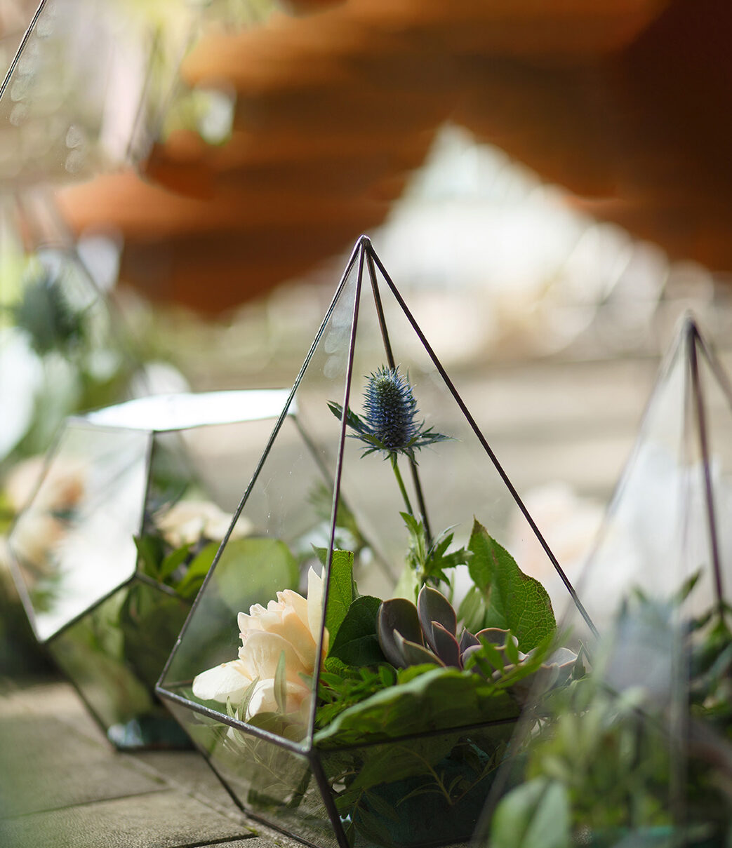 female florist puts fresh succulent and rose flowers in glass florarium. Event fresh flowers decoration. Florist workflow. Wedding banquet design female florist puts fresh succulent and rose flowers in glass florarium. Event fresh flowers decoration. Florist workflow. Wedding banquet design