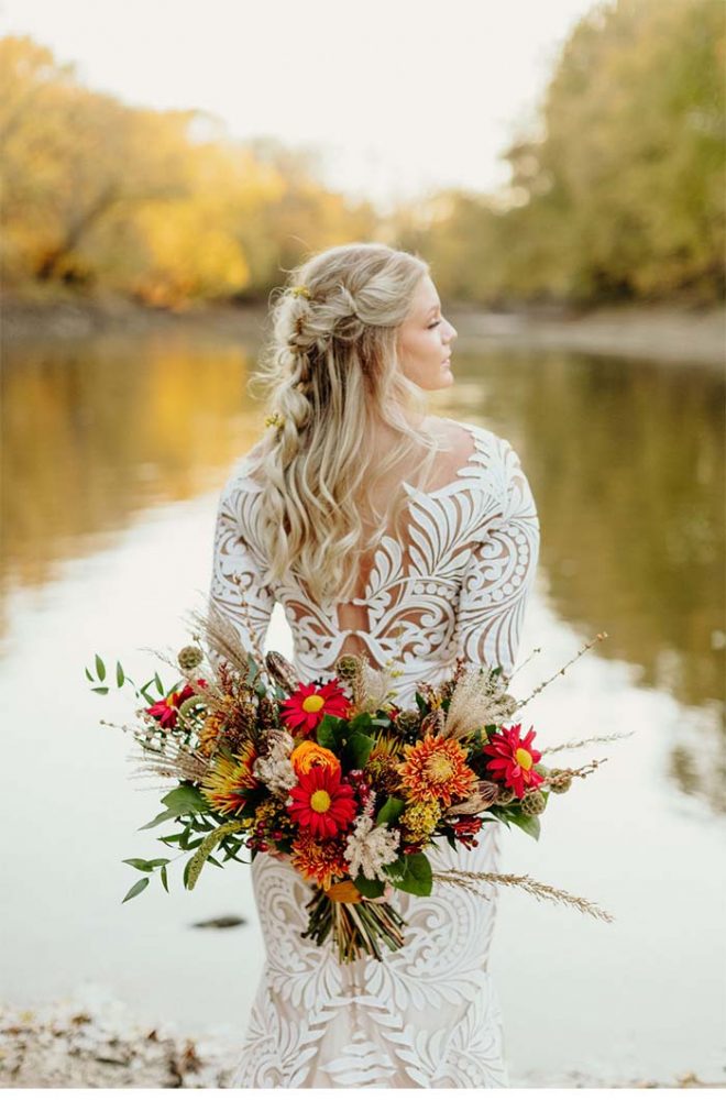 fall bridal bouquet with bride