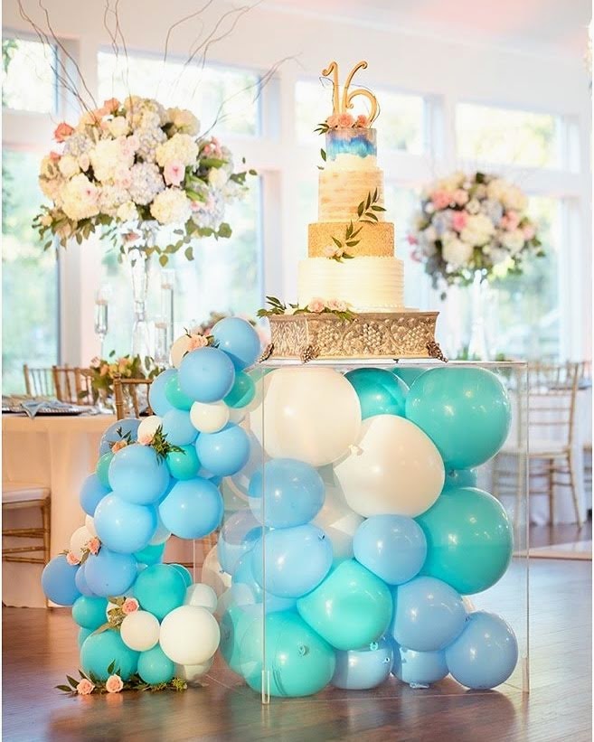 wedding cake table with balloon decor