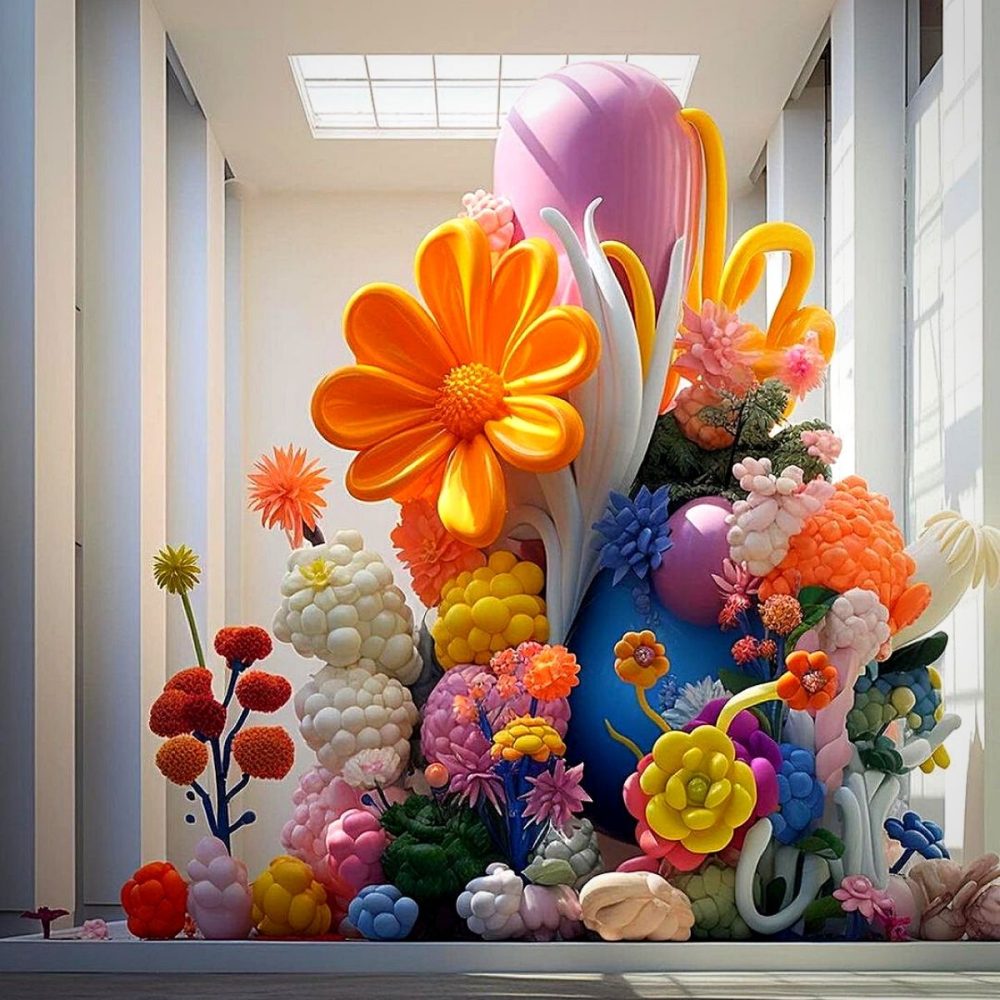 large flower sculpture with collection of blooms