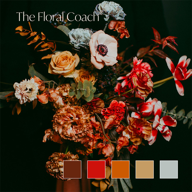 the floral coach. arrangemnet and color swatches